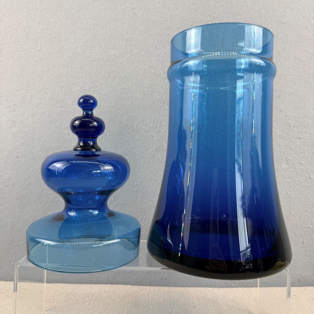 Vintage Empoli Style Italian Blue Glass Apothecary Jar with Lid MCM 14" Italy - Picture 2 of 9